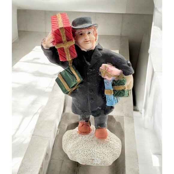 Vintage Christmas Village Figurine Man Holding Gifts Dad Last Minute Shopping - Picture 1 of 7